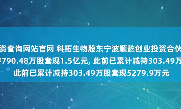 配资查询网站官网 科拓生物股东宁波顺懿创业投资合伙企业(有限合伙)拟减持790.48万股套现1.5亿元, 此前已累计减持303.49万股套现5279.9万元